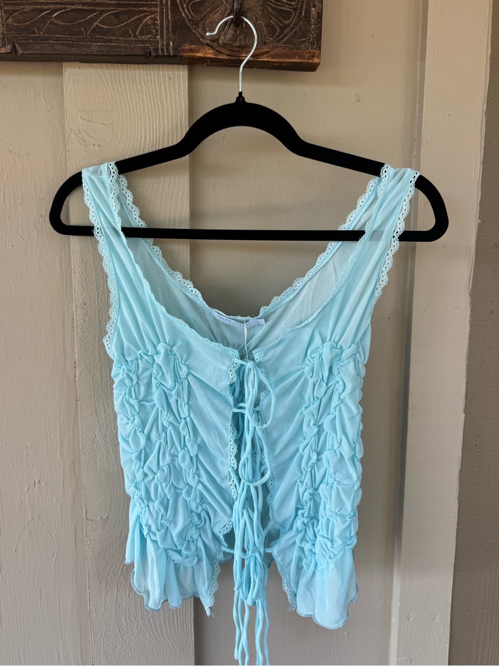 Light Aqua Lace-Trim Ruffle Tie-Front Cami